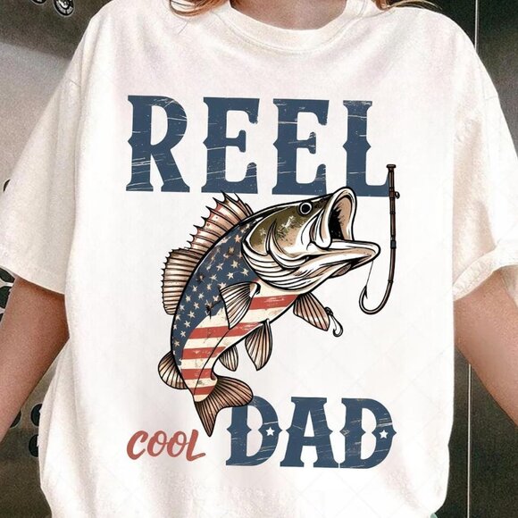 Tops - Reel Cool Dad Fishing Daddy American Dad Independence Day Tee